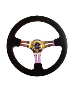 NRG® - 350mm 3" Deep Dish Black Suede Red Stitching Reinforced Sport Steering Wheel W/ 3 Neochrome Spokes (RST-018S-MCRS)