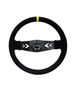 NRG® - 350mm 3" Deep Dish Black Suede Yellow Stripe Reinforced Sport Steering Wheel W/ 2 Arrow Cut Out Spokes (RST-022S-Y)