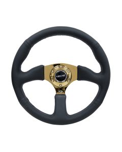 NRG® - 350mm 2.5" Deep Dish Black Leather Reinforced Sport Steering Wheel W/ 3 Gold Metal 4mm Thick Spokes (RST-023GD-R)