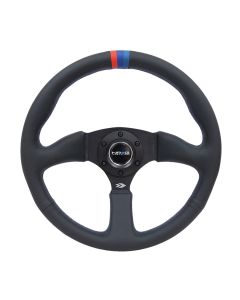 NRG® - 350mm 2.5" Deep Dish Black Leather M3 Stripes & Stitching Reinforced Sport Steering Wheel W/ 3 Black Matte 4mm Thick Spokes (RST-023MB-R-M3)