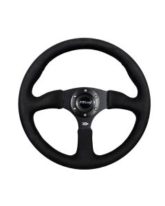 NRG® - 350mm 2.5" Deep Dish Black Alcantara Reinforced Sport Steering Wheel W/ 3 Black Matte 4mm Thick Spokes (RST-023MB-SA)