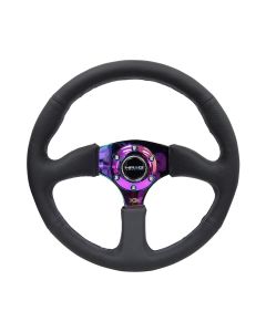 NRG® - 350mm 2.5" Deep Dish Black Leather Reinforced Sport Steering Wheel W/ 3 Neochrome Metal 4mm Thick Spokes (RST-023MC-R)