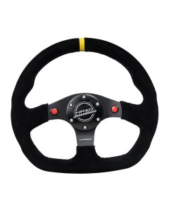 NRG® - 320mm Black Suede Yellow Stripe Reinforced Sport Flat Bottom Steering Wheel W/ Red Dual Push Buttons & 3 Black Matte Spokes (RST-024D-MB-S-Y)