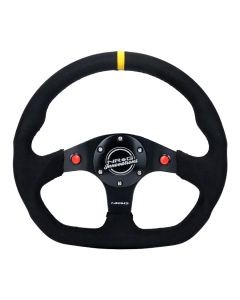 NRG® - 320mm Black Alcantara Yellow Stripe Reinforced Sport Flat Bottom Steering Wheel W/ Red Dual Push Buttons & 3 Black Matte Spokes (RST-024D-MB-SA-Y)