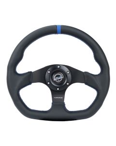 NRG® - 320mm Black Leather Blue Stripe & Stitching Reinforced Sport Flat Bottom Steering Wheel W/ 3 Black Matte Spokes (RST-024MB-R-BL)