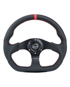 NRG® - 320mm Black Leather Red Stripe & Stitching Reinforced Sport Flat Bottom Steering Wheel W/ 3 Black Matte Spokes (RST-024MB-R-RD)