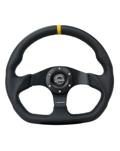 NRG® - 320mm Black Leather Yellow Stripe Reinforced Sport Flat Bottom Steering Wheel W/ 3 Black Matte Spokes (RST-024MB-R-Y)