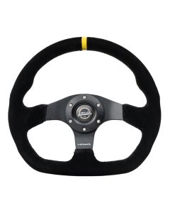 NRG® - 320mm Black Suede Yellow Stripe Reinforced Sport Flat Bottom Steering Wheel W/ 3 Black Matte Spokes (RST-024MB-S-Y)