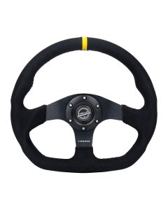 NRG® - 320mm Black Alcantara Yellow Stripe Reinforced Sport Flat Bottom Steering Wheel W/ 3 Black Matte Spokes (RST-024MB-SA-Y)