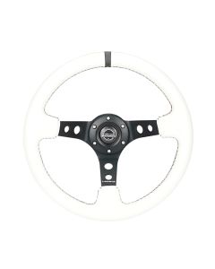 NRG® - 350mm 3" Deep Dish White Leather Black Stripe Reinforced Sport Steering Wheel W/ 3 Black Spokes & Round Holes (RST-006BK-WT-B)