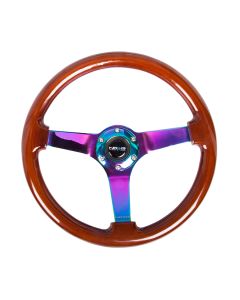NRG® - 350mm 3" Deep Dish Classic Wood Grain Reinforced Sport Steering Wheel W/ 3 Neochrome 4mm Spokes (RST-036BR-MC)