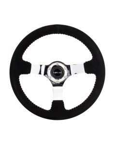 NRG® - 350mm 3" Deep Dish Black Suede Red Stitching Reinforced Sport Steering Wheel W/ 3 Chrome Spokes (RST-036CH-S)