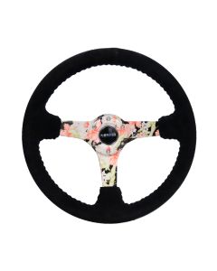 NRG® - 350mm 3" Deep Dish Black Suede Reinforced Sport Steering Wheel W/ 3 Hydro Dipped Tropical Floral 5mm Spokes (RST-036FL-S)