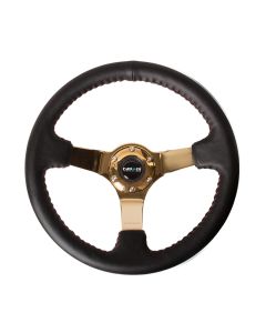 NRG® - 350mm 3" Deep Dish Black Leather Red Stitching Reinforced Sport Steering Wheel W/ 3 Gold 4mm Spokes (RST-036CG)