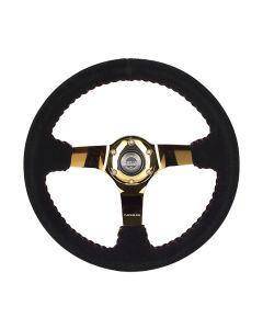 NRG® - 350mm 3" Deep Dish Black Suede Red Stitching Reinforced Sport Steering Wheel W/ 3 Gold Chrome 5mm Spokes (RST-036GD-S)