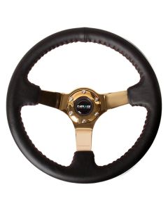NRG® - 350mm 3" Deep Dish Black Leather Red Stitching Reinforced Sport Steering Wheel W/ 3 Gold Chrome 5mm Spokes (RST-036GD)