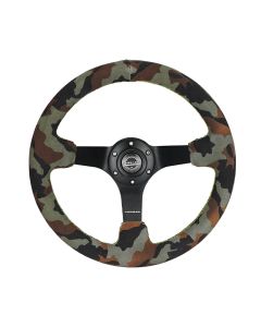 NRG® - 350mm 3" Deep Dish Camo Suede Yellow Stitching Reinforced Sport Steering Wheel W/ 3 Black Matte 5mm Spokes (RST-036MB-S-CAMO)