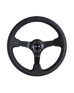NRG® - 350mm 3" Deep Dish Black Leather Odi Signature Reinforced Sport Steering Wheel W/ 3 Black Matte 5mm Spokes (RST-036MB-R)