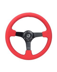 NRG® - 350mm 3" Deep Dish Red Alcantara Black Stitching Reinforced Sport Steering Wheel W/ 3 Black Matte Spokes (RST-036MB-REA)