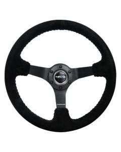NRG® - 350mm 3" Deep Dish Black Suede Reinforced Sport Steering Wheel W/ Blue Baseball Stitching & 3 Black Matte 5mm Spokes (RST-036MB-S-BL)