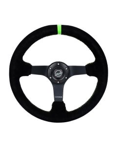 NRG® - 350mm 3" Deep Dish Black Suede Green Stripe Odi Signature Reinforced Sport Steering Wheel W/ 3 Black Matte Spokes (RST-036MB-S-GN)