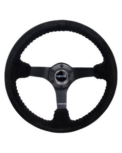 NRG® - 350mm 3" Deep Dish Black Suede Reinforced Sport Steering Wheel W/ Red Baseball Stitching & 3 Black Matte 5mm Spokes (RST-036MB-S-RD)