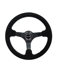 NRG® - 350mm 3" Deep Dish Black Suede Reinforced Sport Steering Wheel W/ Silver Baseball Stitching & 3 Black Matte 5mm Spokes (RST-036MB-S-SL)