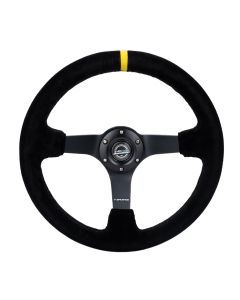 NRG® - 350mm 3" Deep Dish Black Suede Yellow Stripe Odi Signature Reinforced Sport Steering Wheel W/ 3 Black Matte Spokes (RST-036MB-S-Y)