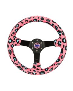 NRG® - 350mm 3" Deep Dish Savage Pink Leopard Printed Microfiber Vegan Reinforced Sport Steering Wheel W/ 3 Black Matte Spokes (RST-036MB-SV-PK)