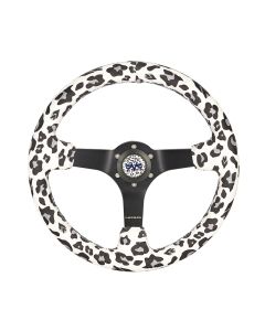 NRG® - 350mm 3" Deep Dish Savage White Leopard Printed Microfiber Vegan Reinforced Sport Steering Wheel W/ 3 Black Matte Spokes (RST-036MB-SV-WT)