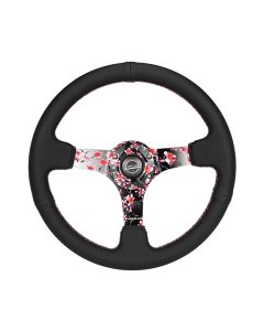 NRG® - 350mm 3" Deep Dish Black Leather Reinforced Sport Steering Wheel W/ 3 Hydro Dipped Sakura Floral 5mm Spokes & Pink Stitching (RST-036SAK-R)