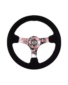 NRG® - 350mm 3" Deep Dish Black Suede Reinforced Sport Steering Wheel W/ 3 Hydro Dipped Sakura Floral 5mm Spokes & Pink Stitching (RST-036SAK-S)