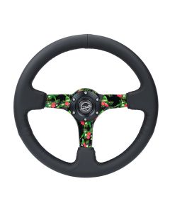 NRG® - 350mm 3" Deep Dish Black Leather Reinforced Sport Steering Wheel W/ 3 Tropical Floral 5mm Spokes (RST-036TROP-R)