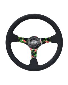 NRG® - 350mm 3" Deep Dish Black Suede Reinforced Sport Steering Wheel W/ 3 Tropical Floral 5mm Spokes (RST-036TROP-S)
