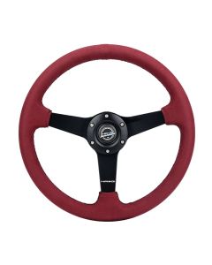 NRG® - 350mm 1.5" Deep Dish Burgundy Alcantara Black Stitching Reinforced Sport Steering Wheel W/ 3 Black Matte Solid Spokes (RST-037MB-BUA)
