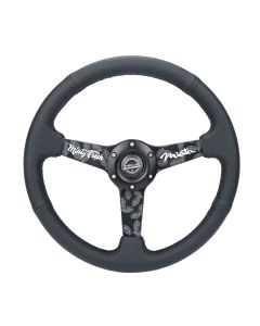 NRG® - 350mm 1.5" Deep Dish Black Perforated Leather Reinforced Sport Steering Wheel W/ 3 Black Matte & Minty Fresh Miata Logo Etched Spokes (RST-037MB-MF)
