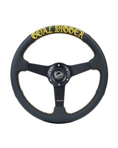 NRG® - 350mm 1.5" Deep Dish Black Perforated Leather Reinforced Sport Steering Wheel W/ Gold "Goal Digger" Stitching & 3 Black Matte Spokes (RST-037MB-PR-GD)