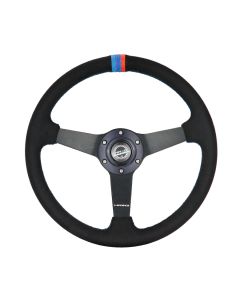 NRG® - 350mm 1.5" Deep Dish Black Alcantara M3 Stripes & Stitching Reinforced Sport Steering Wheel W/ 3 Black Matte Solid Spokes (RST-037MB-SA-M3)