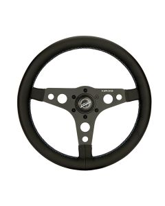 NRG® - 350mm Black Leather M3 Stitching Reinforced Sport Flat Bottom Steering Wheel W/ 3 Black Spokes & Round Holes (RST-068BK)