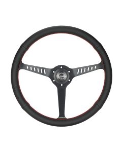NRG® - 380mm 1" Deep Dish Black Perforated Leather Red Stitching Reinforced Classic Stealth Wheel W/ 3 Black Spokes & Diagnal Slits (RST-380STL-R)