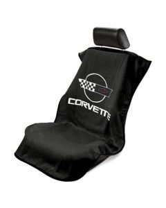 Seat Armour Black Towel Seat Cover with Corvette C4 Logo, Front-Right View