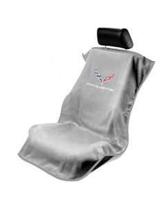 Seat Armour Grey Towel Seat Cover with Corvette C7 Logo, Front-Right View