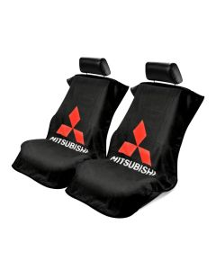 Seat Armour Pair of Black Towel Seat Covers with Mitsubishi Logo, Front-Right View