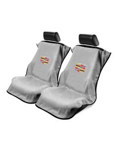 Seat Armour Pair of Grey Towel Seat Covers with New Cadillac Logo, Front-Right View