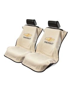 Seat Armour Pair of Tan Towel Seat Covers with Chevrolet Logo, Front-Right View