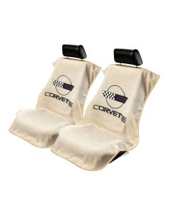 Seat Armour Pair of Tan Towel Seat Covers with Corvette C4 Logo, Front-Right View