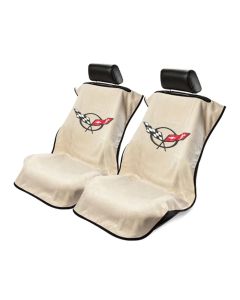 Seat Armour Pair of Tan Towel Seat Covers with Corvette C5 Logo, Front-Right View