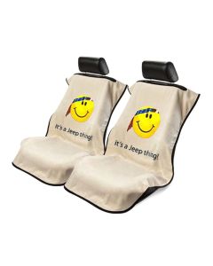 Seat Armour Pair of Tan Towel Seat Covers with Jeep Smiley Face Logo, Front-Right View