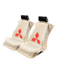 Seat Armour Pair of Tan Towel Seat Covers with Mitsubishi Logo, Front-Right View