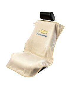 Seat Armour Tan Towel Seat Cover with Chevy Camaro Logo, Front-Right View